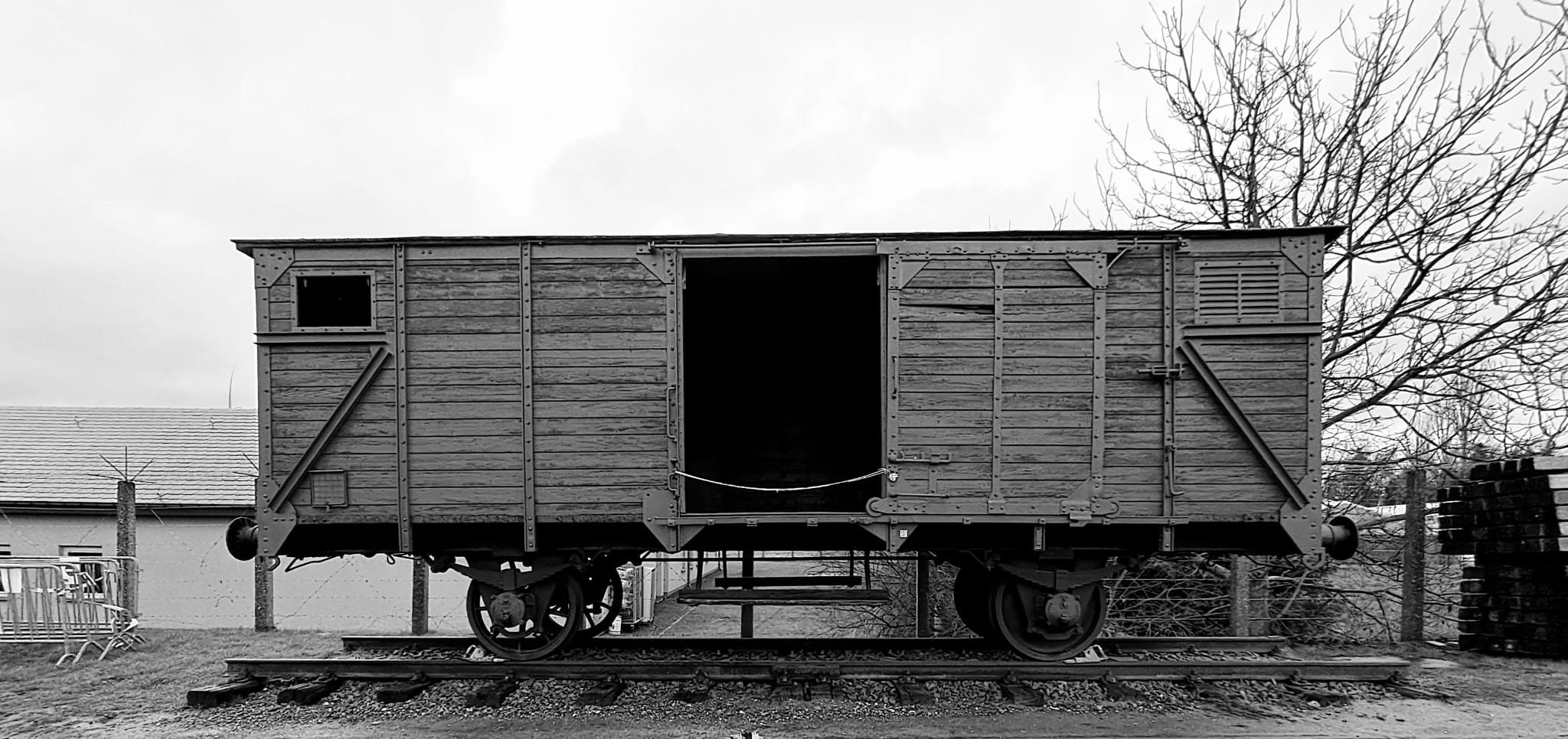 A train wagon, symbol of the deportations of prisoners. This wagon represents the final journey for many to concentration camps like Auschwitz, from which few returned.